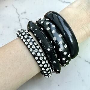 Vintage Bangle Stack Black Rhinestone Sculptural Mod Lucite Acrylic Bracelet